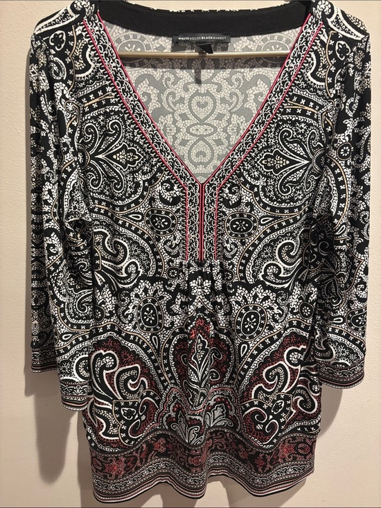 White House Black Market Tops - White House Black Market Black, White & Red Paisley V-Neck Tunic